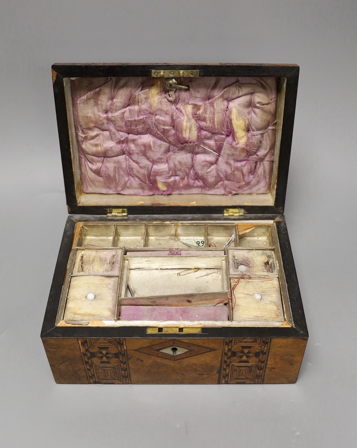 Two 19th century inlaid walnut boxes and a painted mahogany box, The largest 30 cm wide
